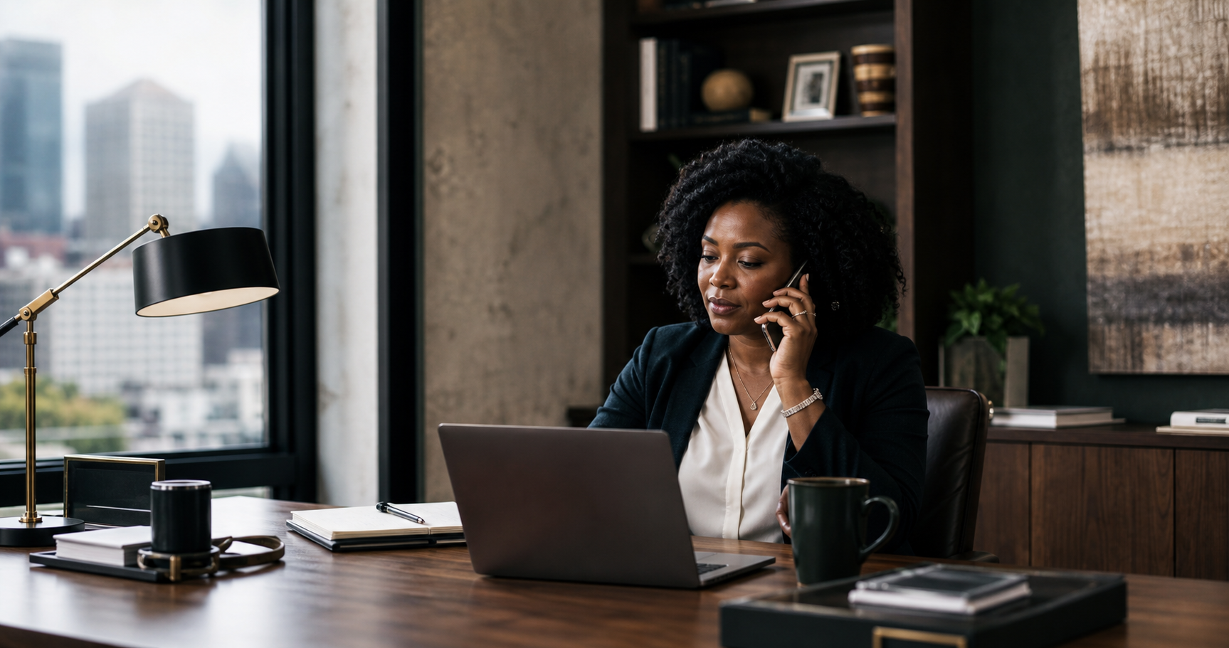 Black woman executive taking a business call in a modern private office